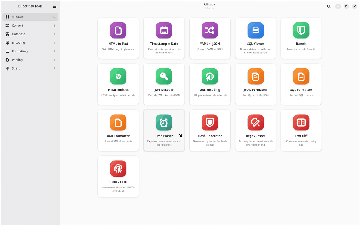 Dupot Dev Tools en action : construire une requête sur le canevas du SQL Viewer, la filtrer, l'exécuter, puis taper du SQL et le voir redessiné