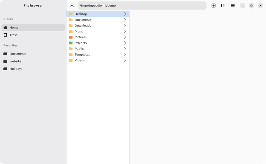Dupot File browser en action : navigation en colonnes, vues grille et détails, onglets